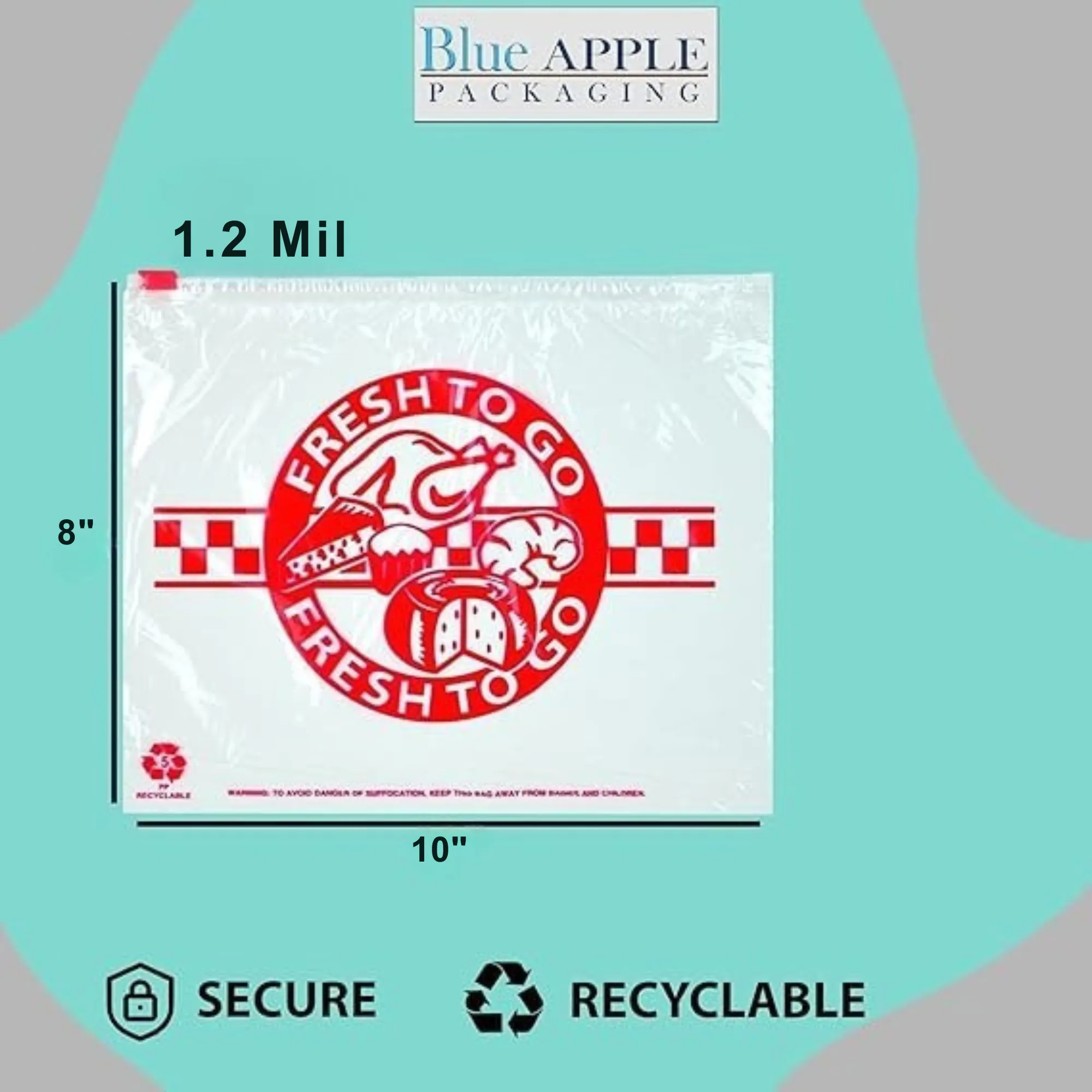 10X8 inches Deli Bags Slide Seal Printed Fresh To Go Red 1.2 Mil LDPE