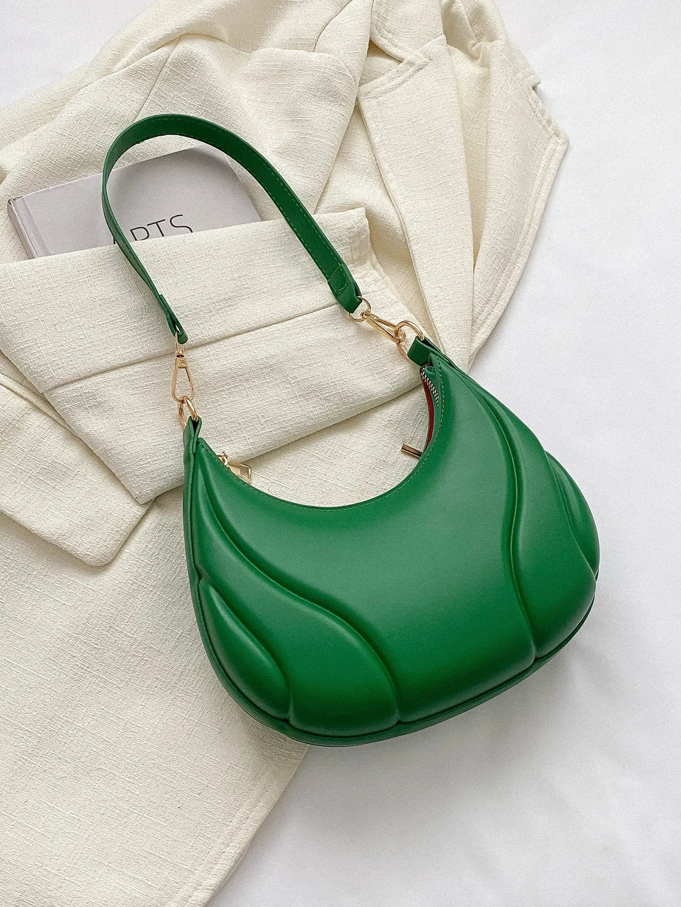 1pc Embossed Green Pu Leather Shoulder Bag - Green