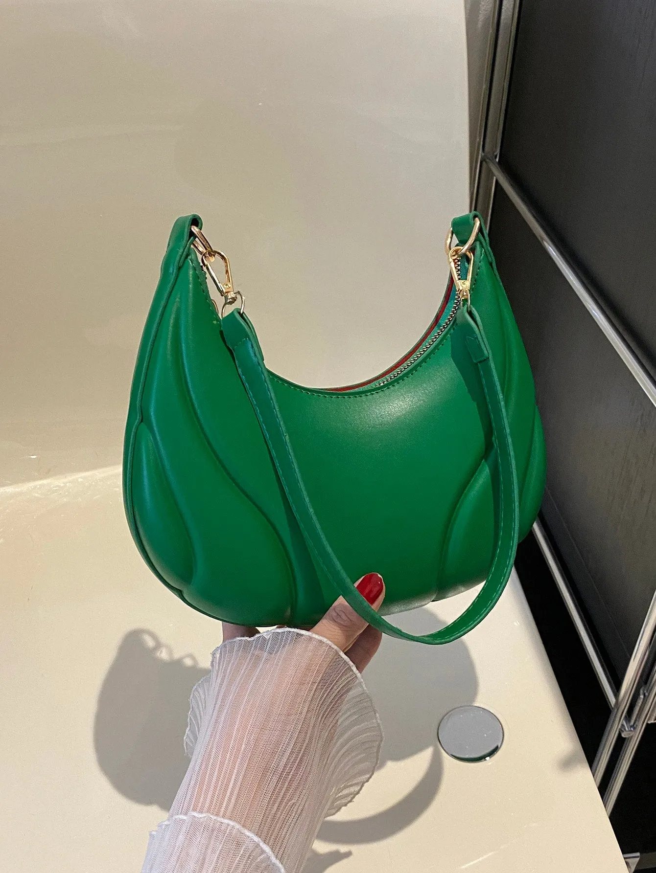 1pc Embossed Green Pu Leather Shoulder Bag - Green