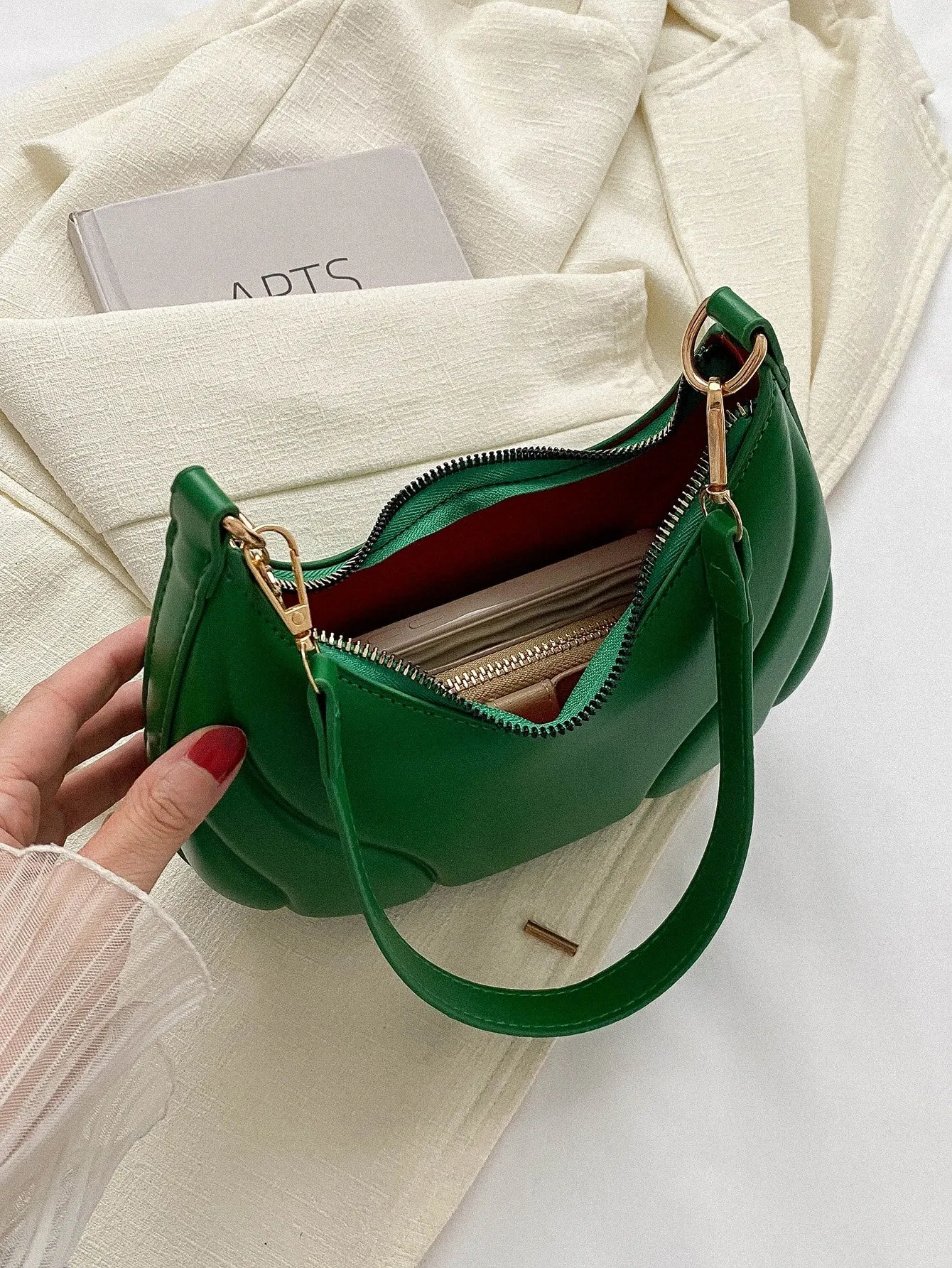 1pc Embossed Green Pu Leather Shoulder Bag - Green