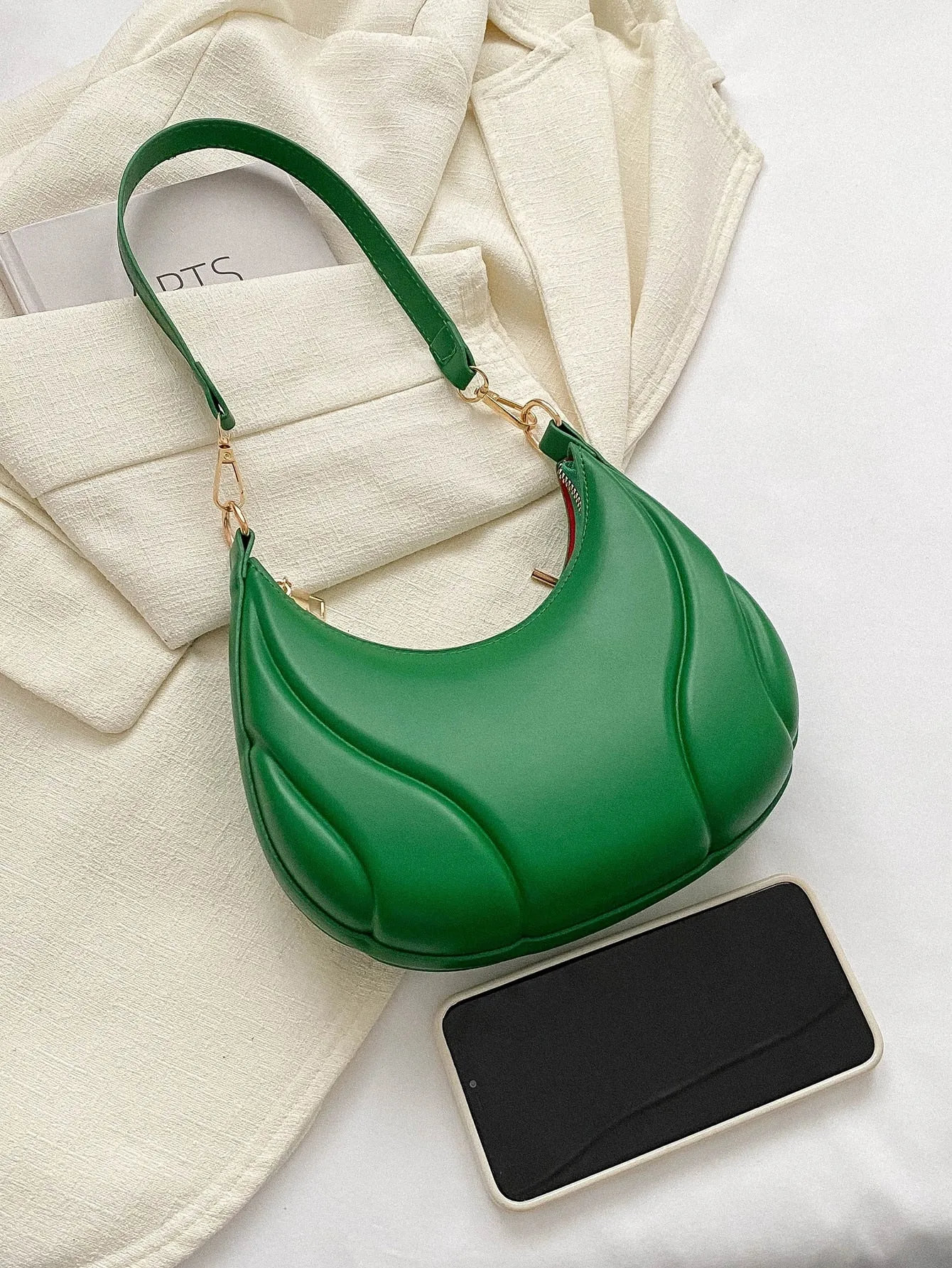 1pc Embossed Green Pu Leather Shoulder Bag - Green
