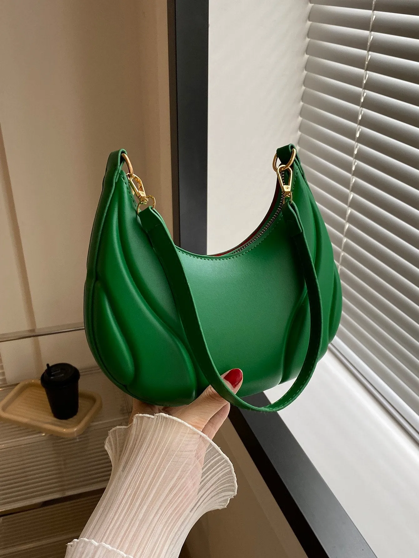 1pc Embossed Green Pu Leather Shoulder Bag - Green