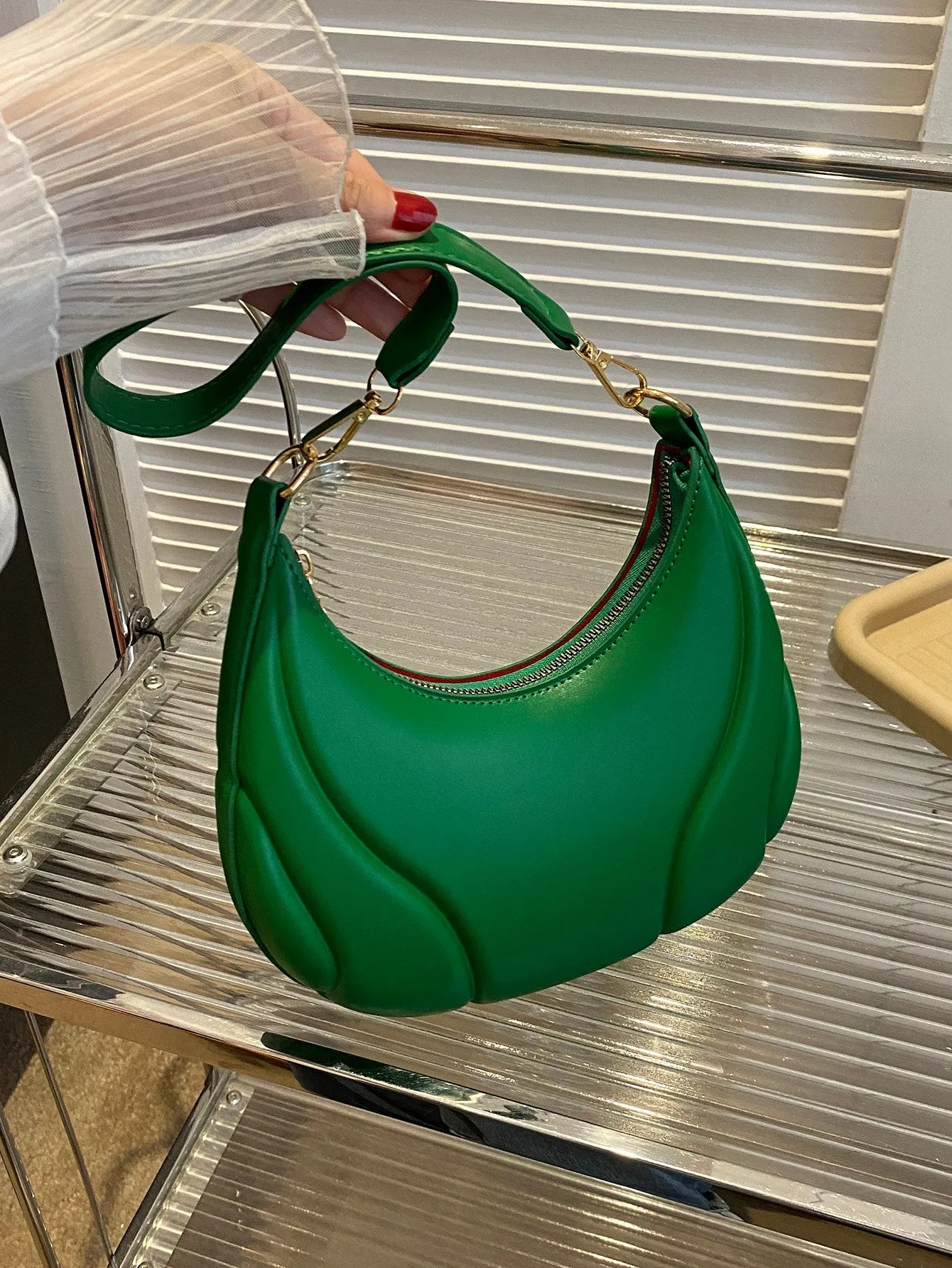 1pc Embossed Green Pu Leather Shoulder Bag - Green