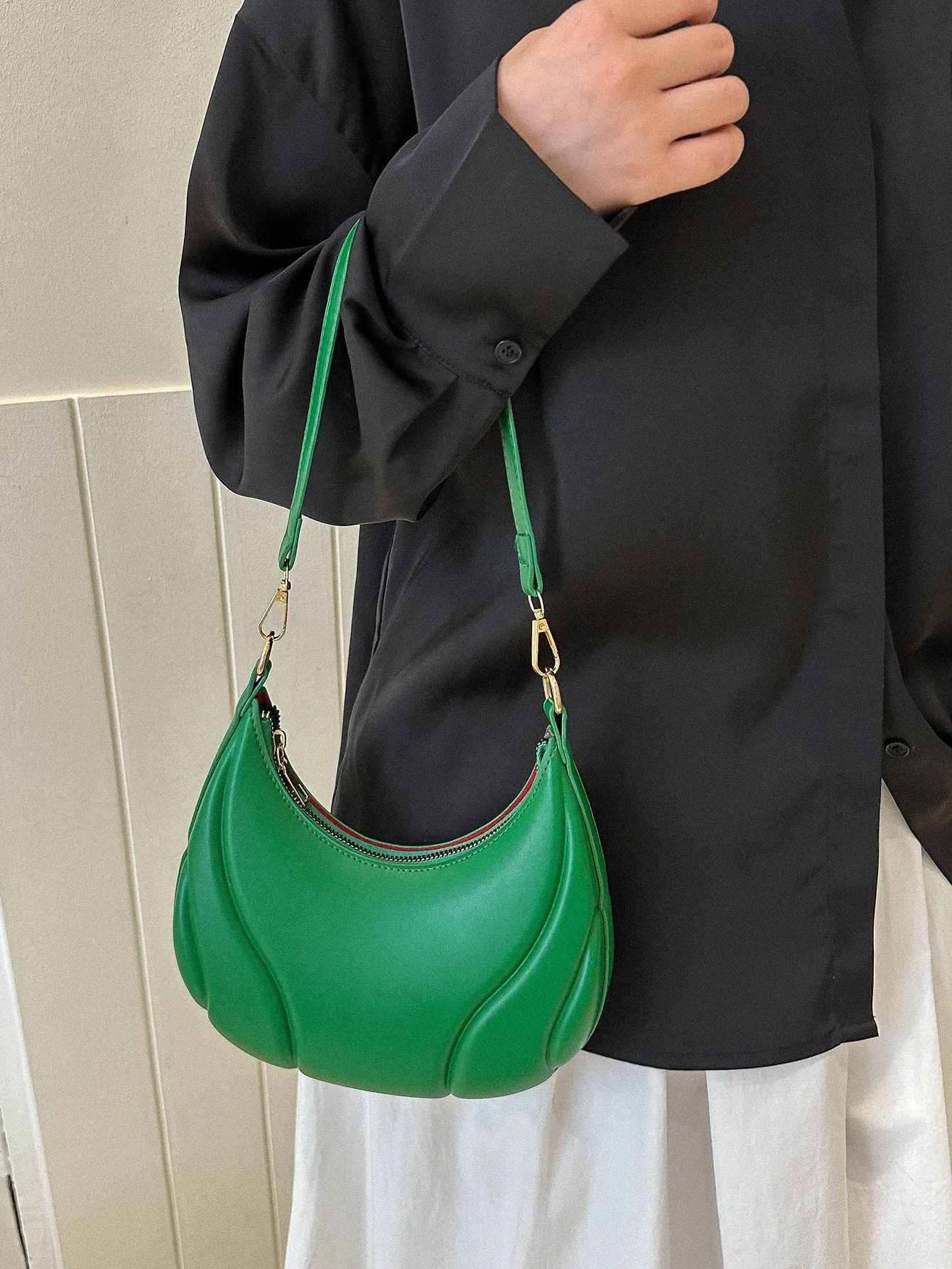 1pc Embossed Green Pu Leather Shoulder Bag - Green