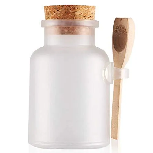 2 Pcs 200Ml Empty Frosted Bath Salt Bottles Plastic Transparent Refillable Container Bottle Jars With Cork Stopper And Wooden Spoon For Mask Powder, Bath Salt, Cream And More