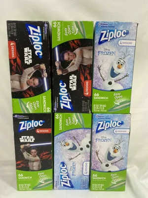 (4) Ziploc 66 Sandwich Bags Disney Frozen & Star Wars Seal Top 132 Poly Zipper