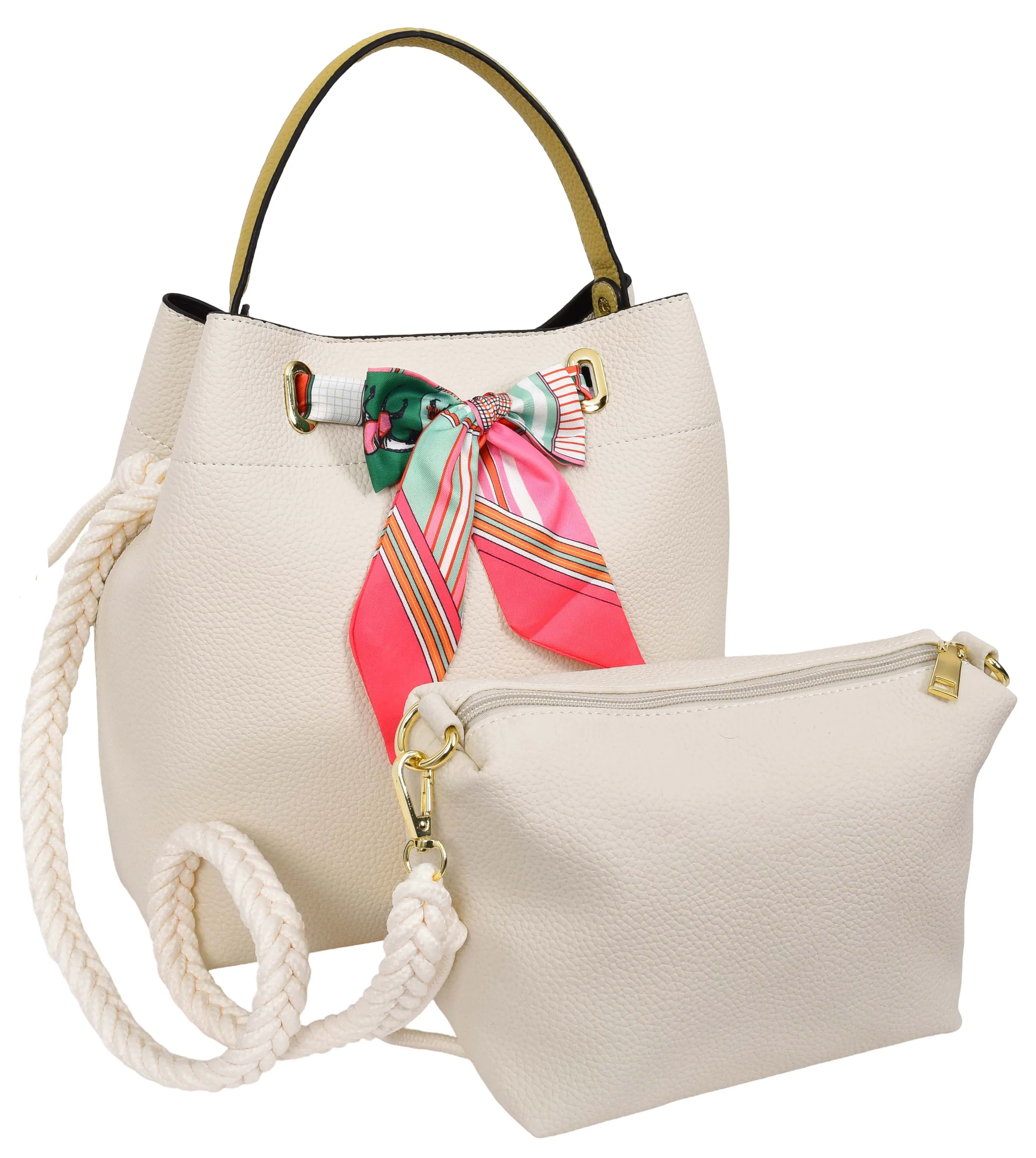 Adele  Women's Faux Leather Large Tote Cosmetics Shoulder Bag Off  White