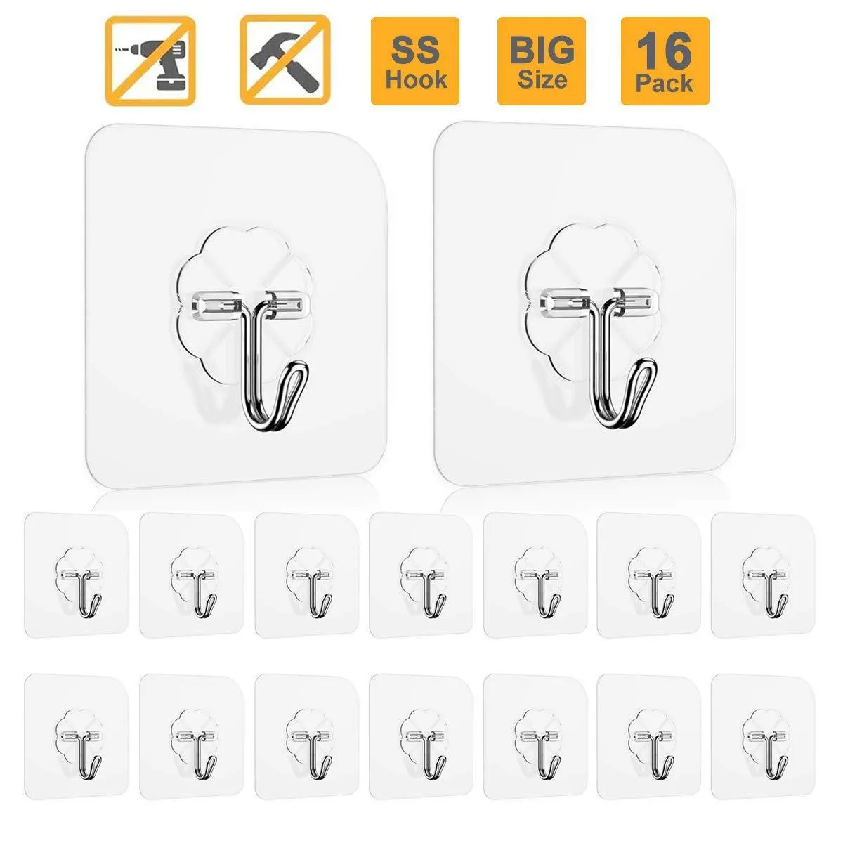 Adhesive Hooks Key Hooks Coat Hooks Heavy Duty Wall Hooks Stainless Steel Waterproof Wall Hangers for Robe, Coat, Towel, Keys, Bags, Home, Kitchen, Bathroom - 16-Pack