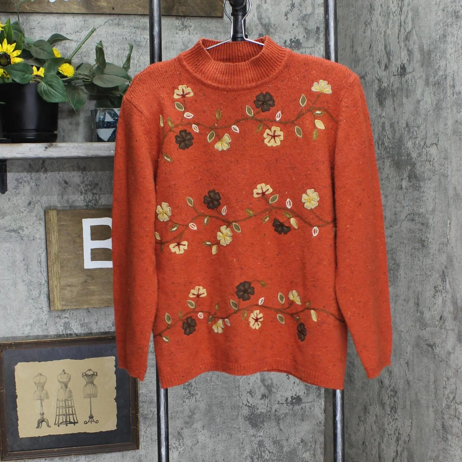 Alfred Dunner Fall Embroidered Vintage Turtleneck Pullover Sweater Orange L