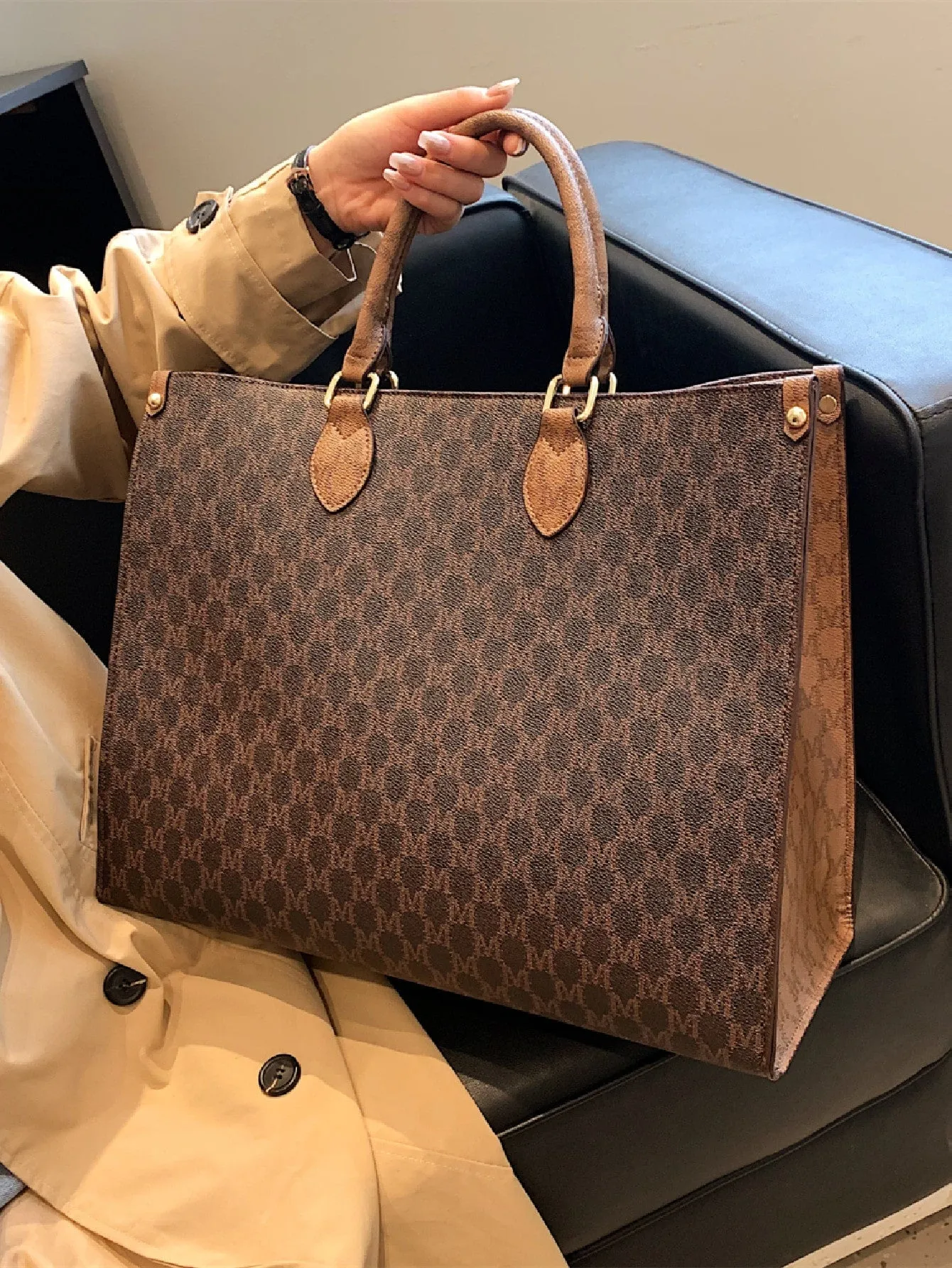 All Over Print Top Handle Bag - Coffee Brown