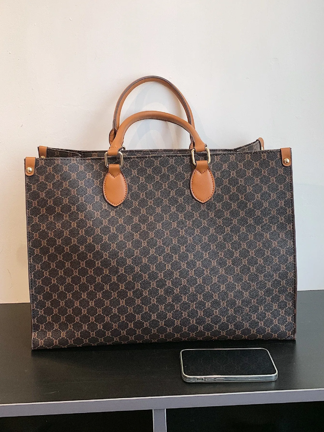 All Over Print Top Handle Bag - Coffee Brown