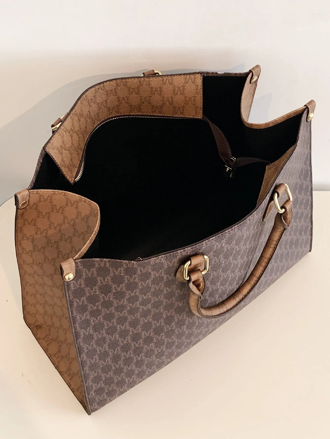 All Over Print Top Handle Bag - Coffee Brown