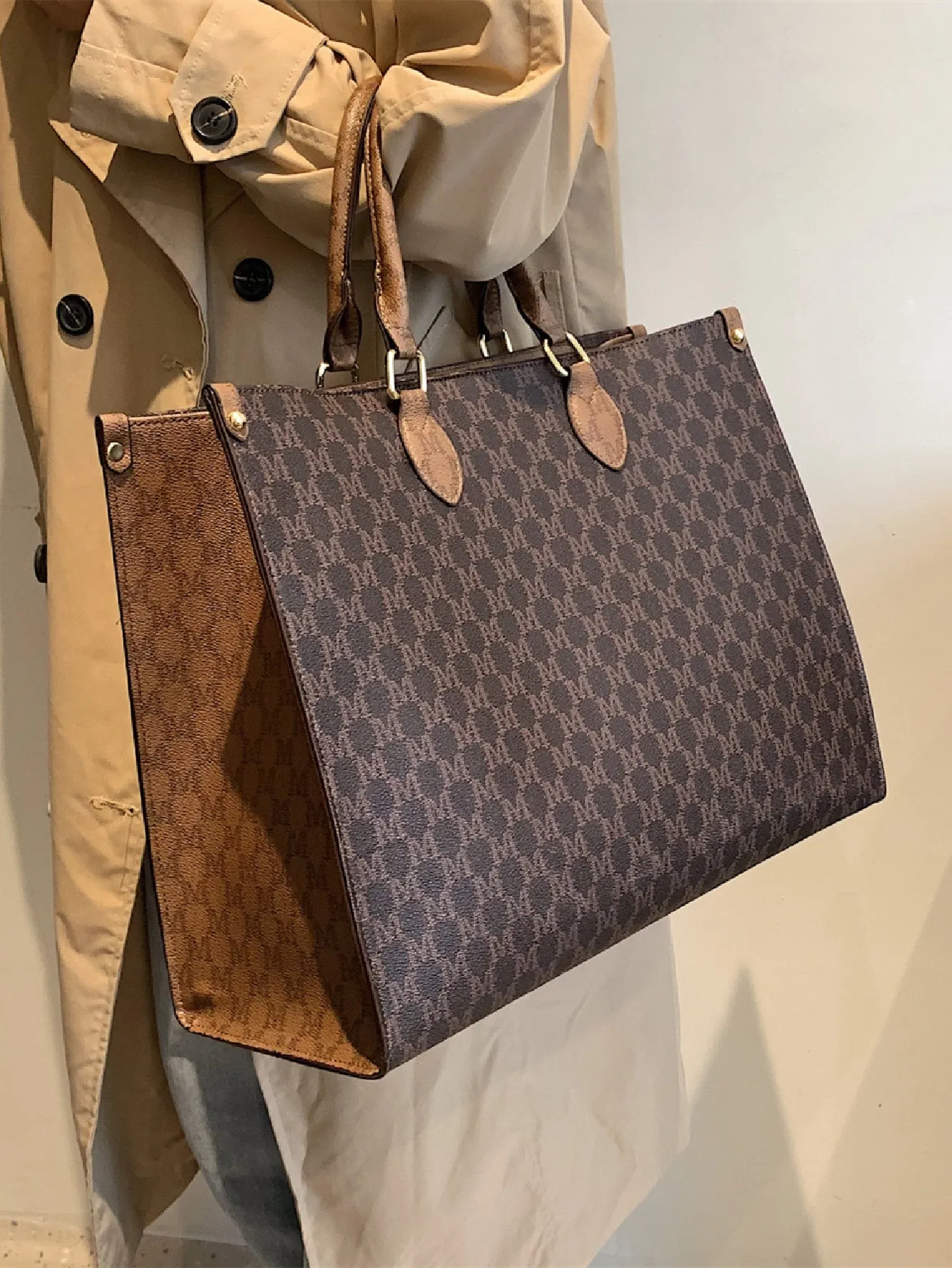 All Over Print Top Handle Bag - Coffee Brown