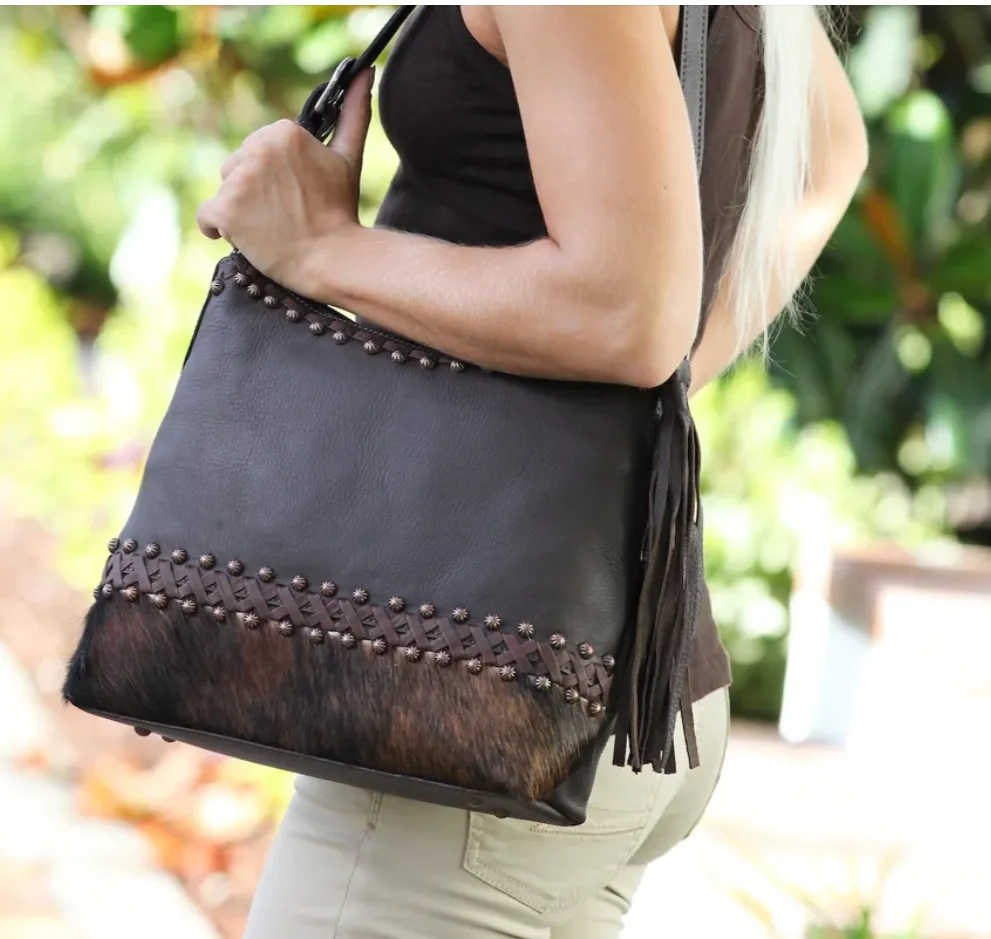 American West Handbag Wild Horses Collection: Leather Zip Top Shoulder Hair on Hide