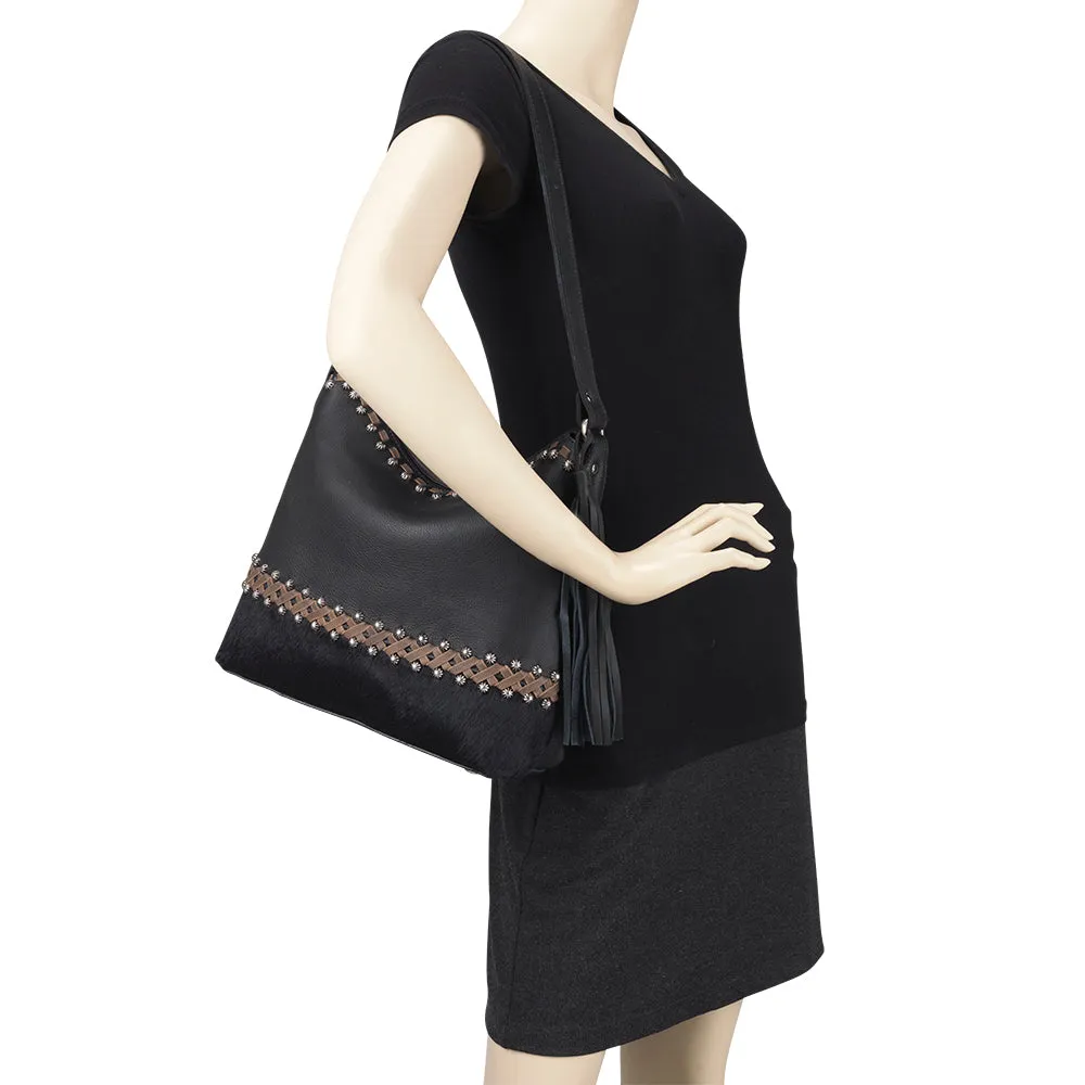 American West Handbag Wild Horses Collection: Leather Zip Top Shoulder Hair on Hide
