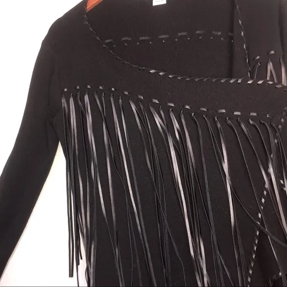 Ariat Trenton Black Knit &amp; Faux Leather Fringe Waterfall Open Front Cardigan