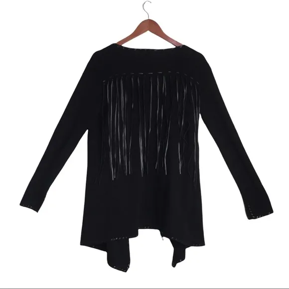 Ariat Trenton Black Knit &amp; Faux Leather Fringe Waterfall Open Front Cardigan