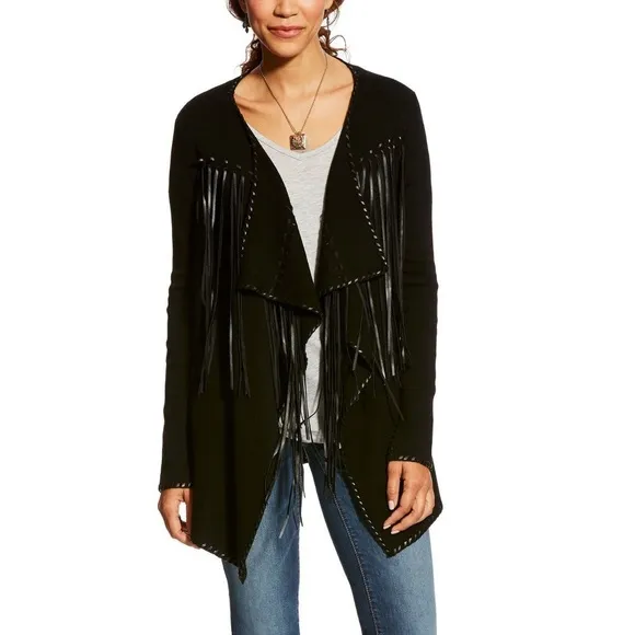 Ariat Trenton Black Knit &amp; Faux Leather Fringe Waterfall Open Front Cardigan