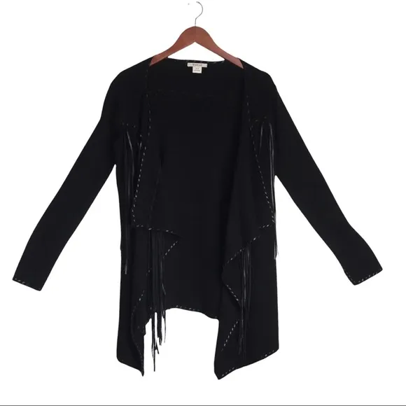 Ariat Trenton Black Knit &amp; Faux Leather Fringe Waterfall Open Front Cardigan