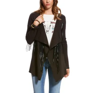 Ariat Trenton Black Knit &amp; Faux Leather Fringe Waterfall Open Front Cardigan