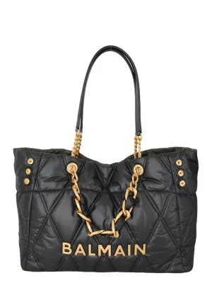 Balmain 1945 Soft Cabas-Grid Quilted Nylon Tote Bag in Noir