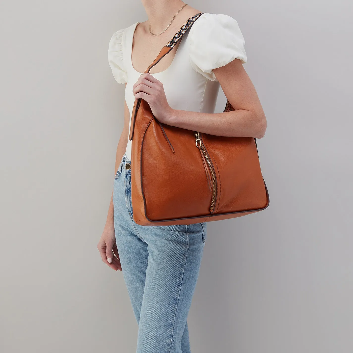 Bellamy Front Zip Hobo in Artisan Leather - Honey Brown