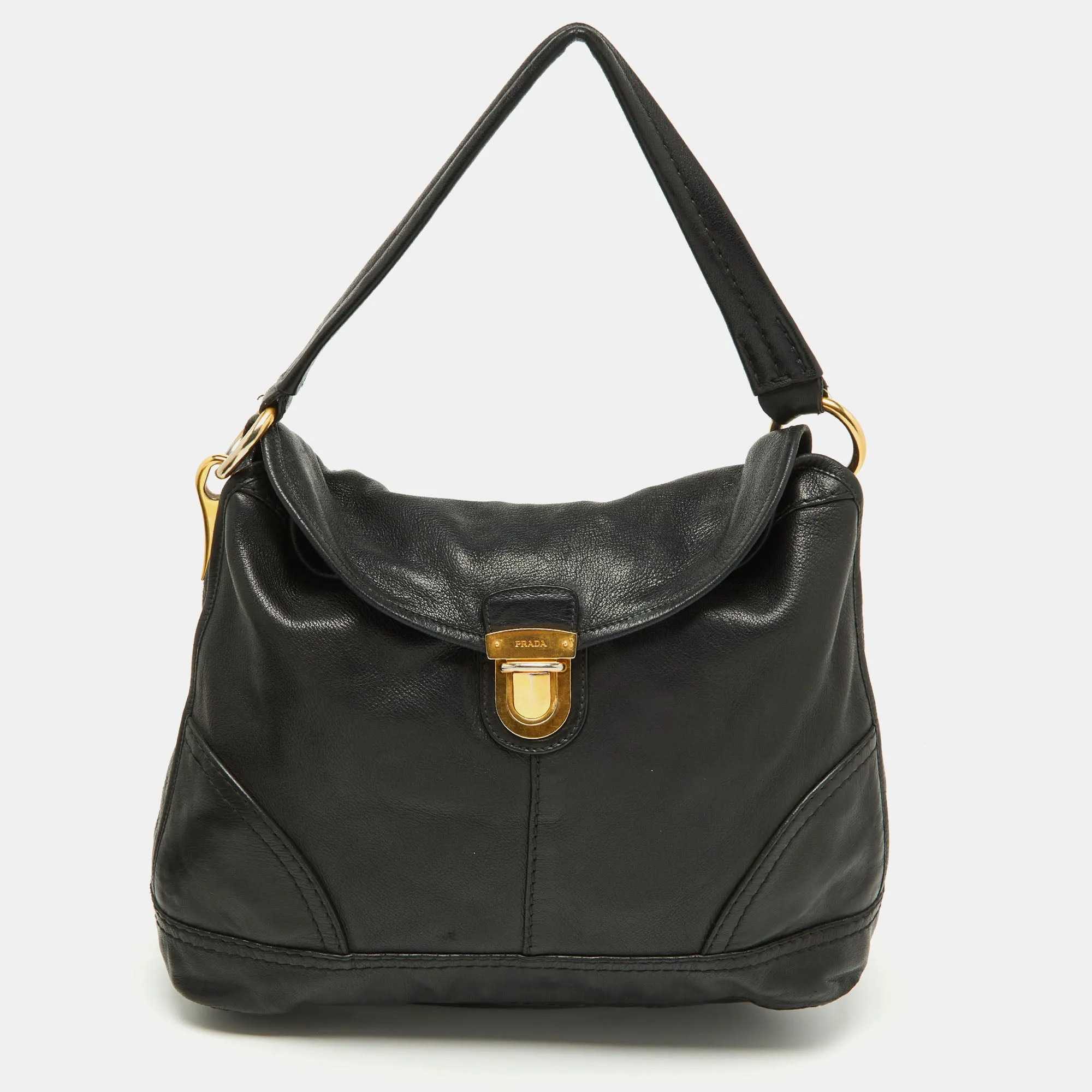Black Soft Leather Pushlock Flap Hobo