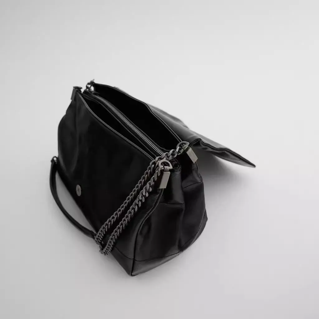 Black Soft Leather Rock Diamond Chain Bag for Women Large Capacity Commuter Hobo Bag