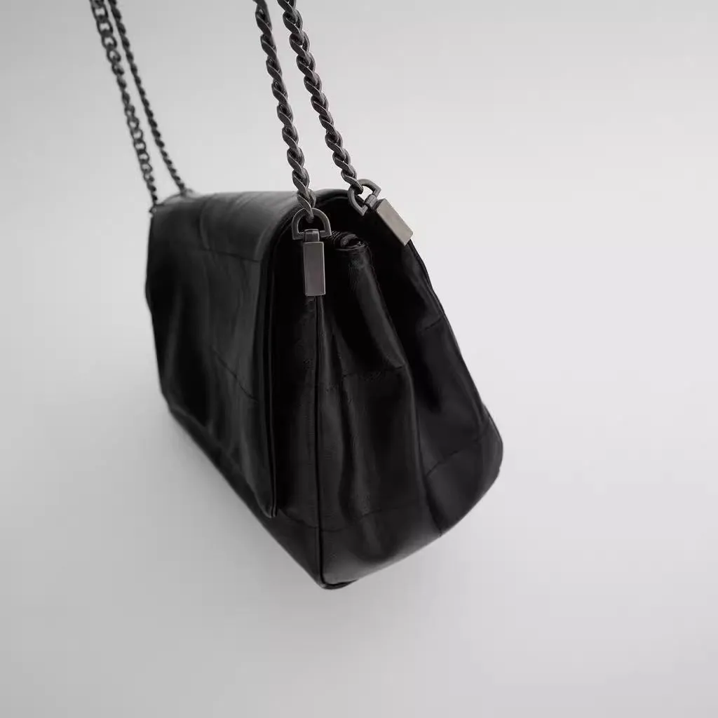 Black Soft Leather Rock Diamond Chain Bag for Women Large Capacity Commuter Hobo Bag