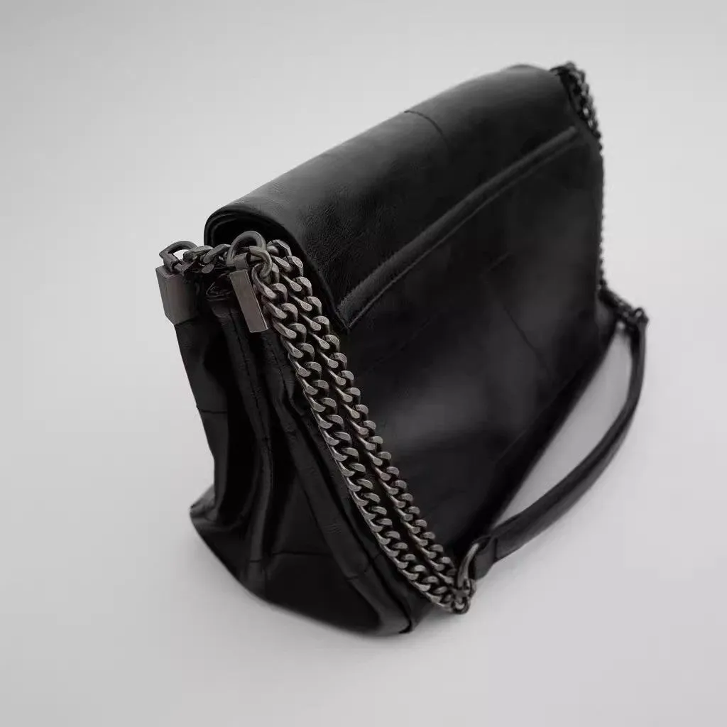 Black Soft Leather Rock Diamond Chain Bag for Women Large Capacity Commuter Hobo Bag