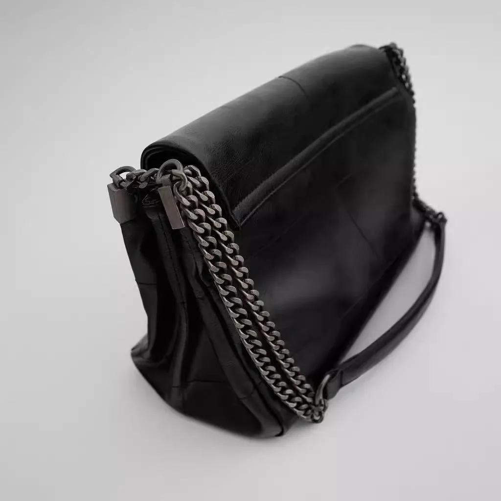Black Soft Leather Rock Diamond Chain Bag for Women Large Capacity Commuter Hobo Bag