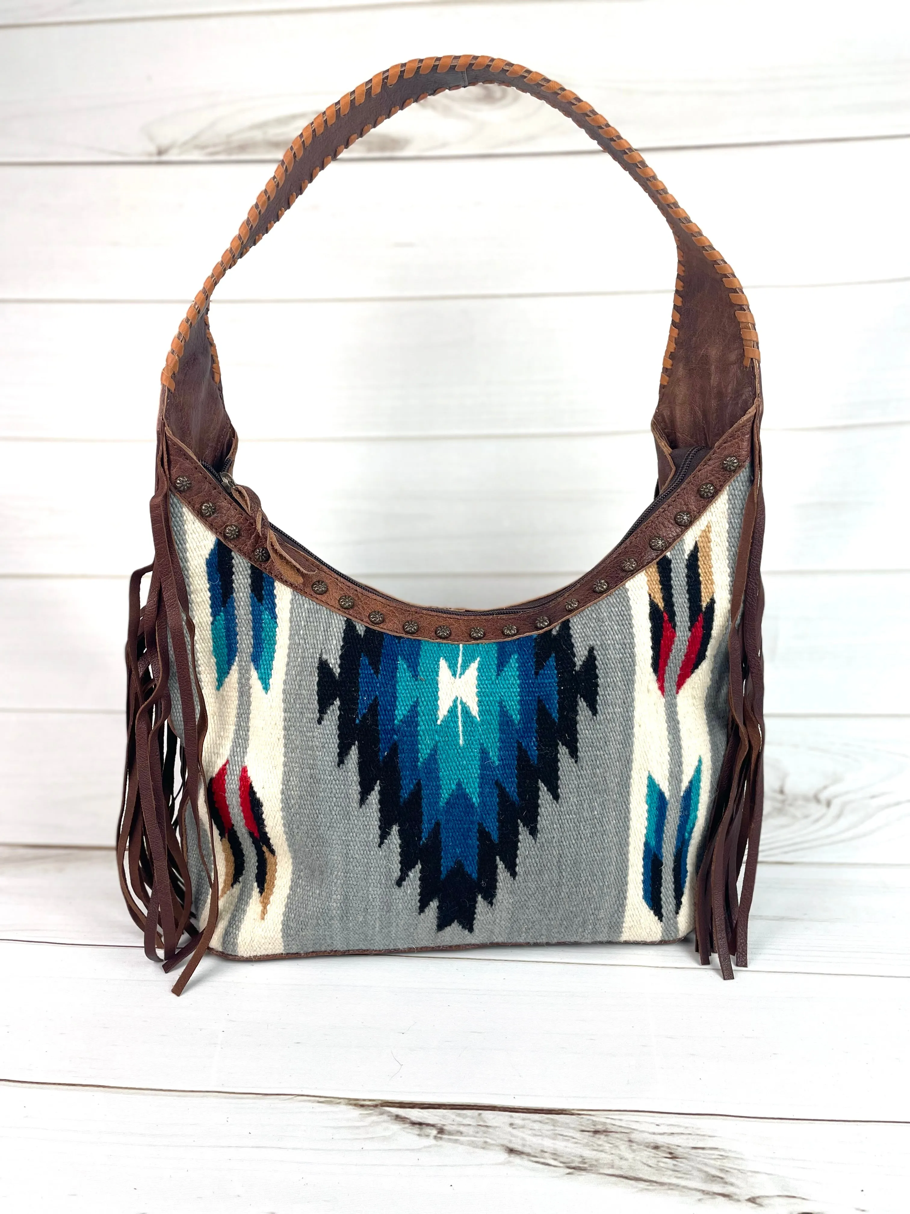 Blue Grey Diamond Wool Pattern Hobo Leather Fringe Handbag