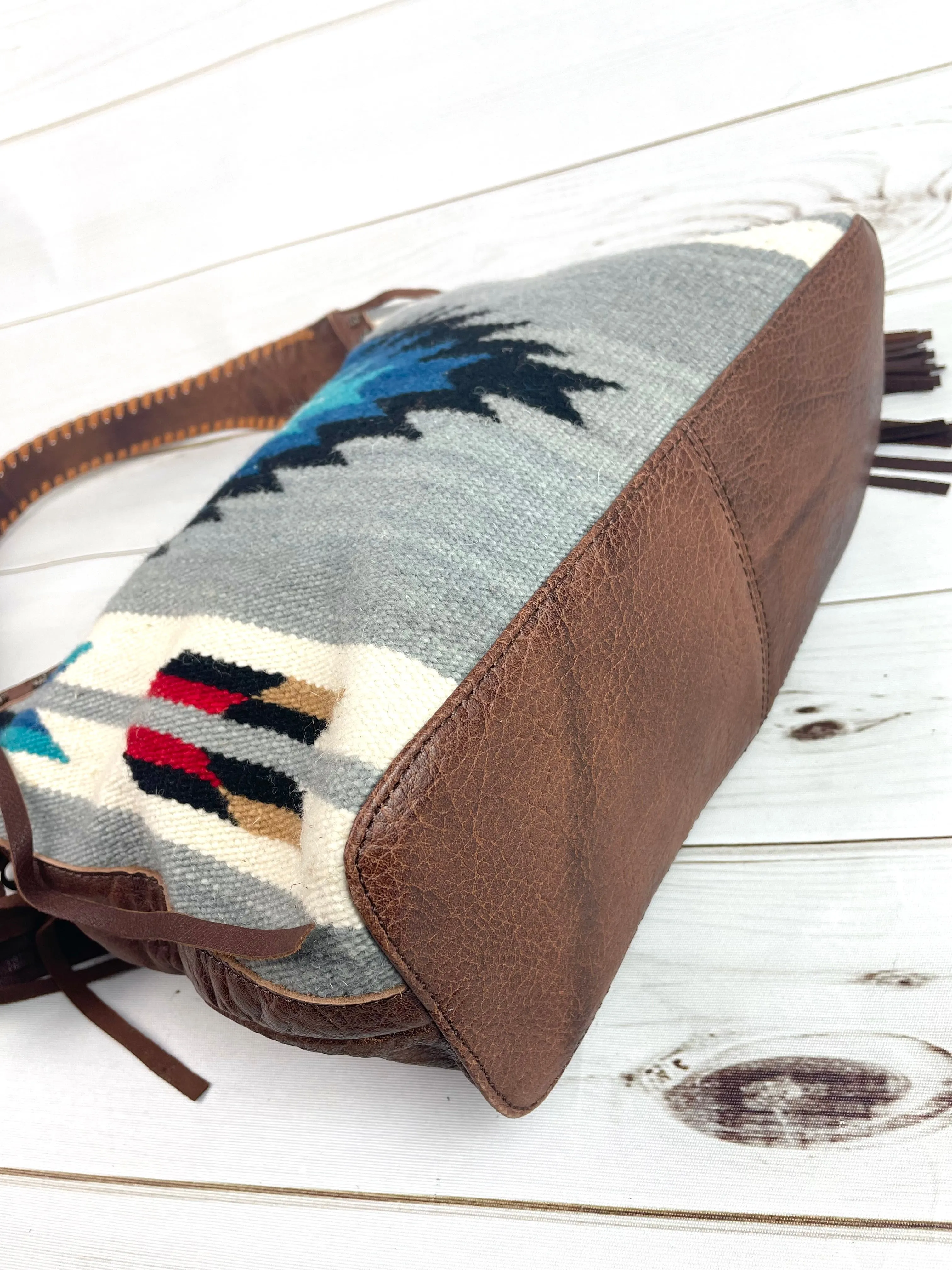 Blue Grey Diamond Wool Pattern Hobo Leather Fringe Handbag