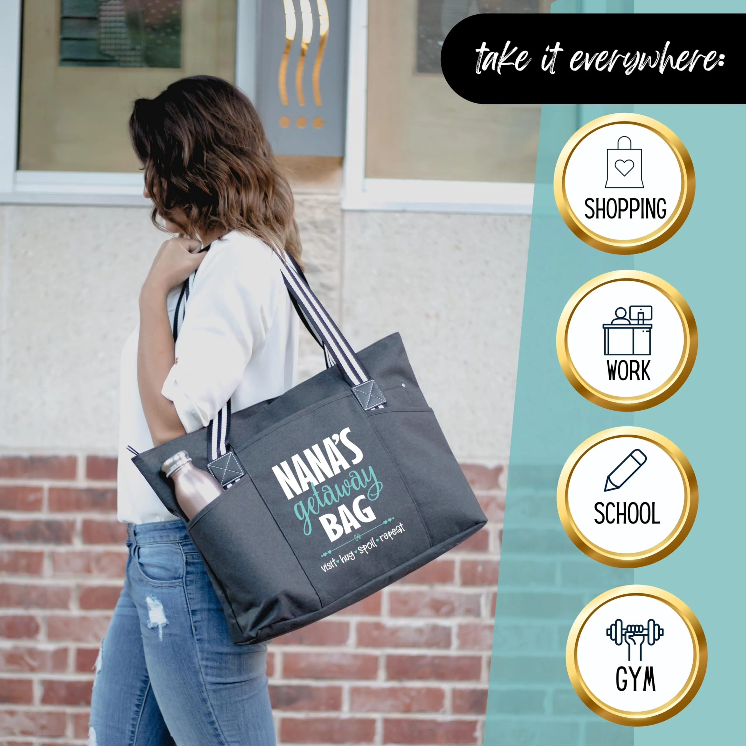 Brooke & Jess Designs Grandma Gifts, Nana Gifts Tote Bag - Perfect for Work, Gift for Granny, Mother's Day from Grandkids (Nana's Getaway Tessa Black)
