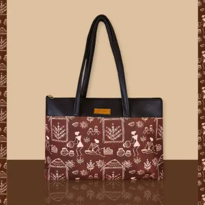 Brown Warli Village Tote Bag