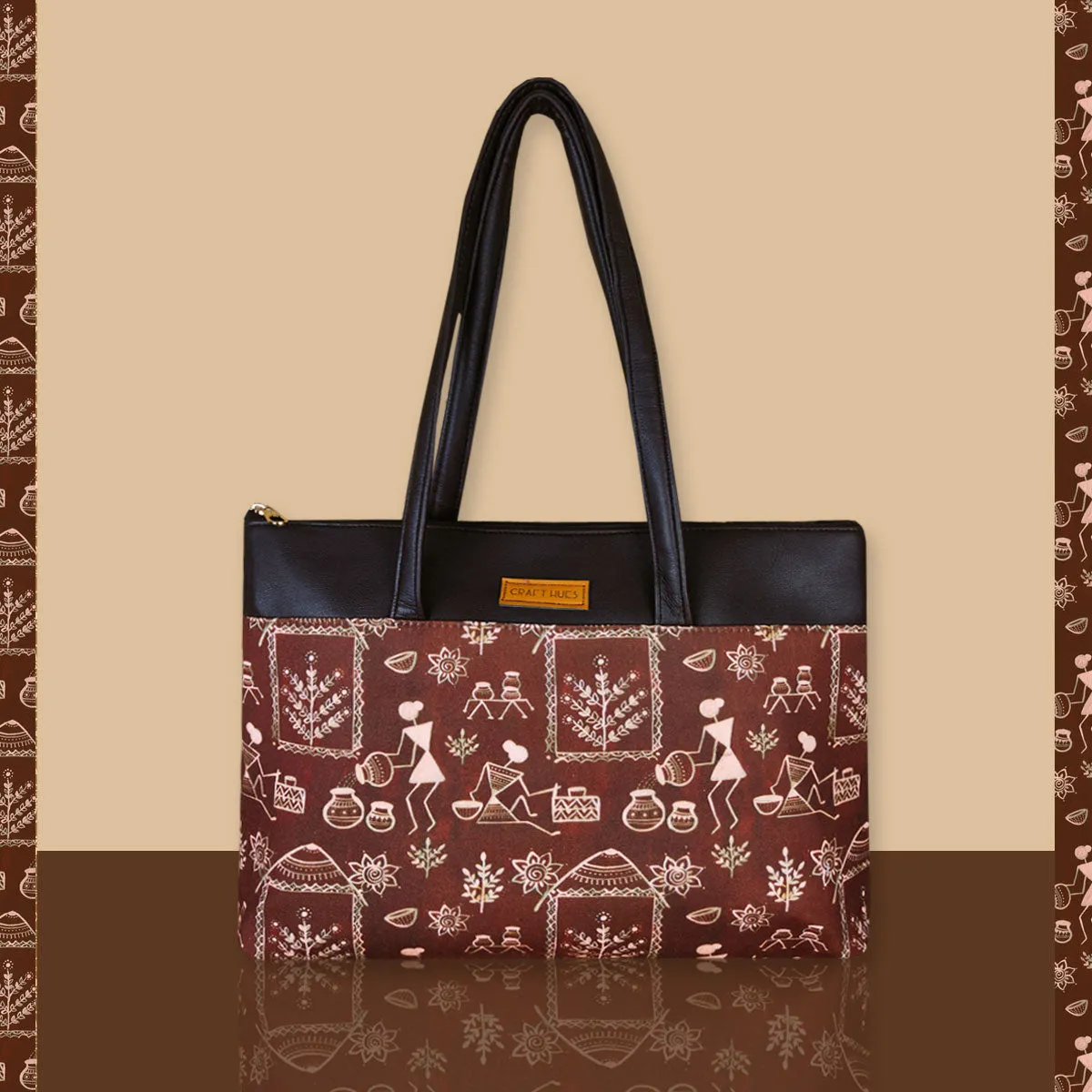 Brown Warli Village Tote Bag