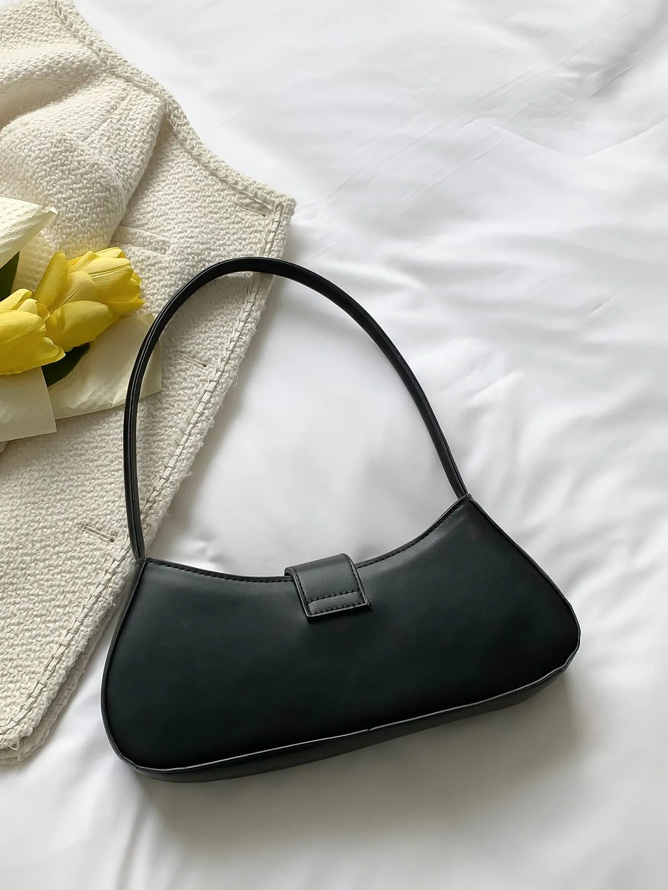 Buckle Decor Baguette Bag - Black