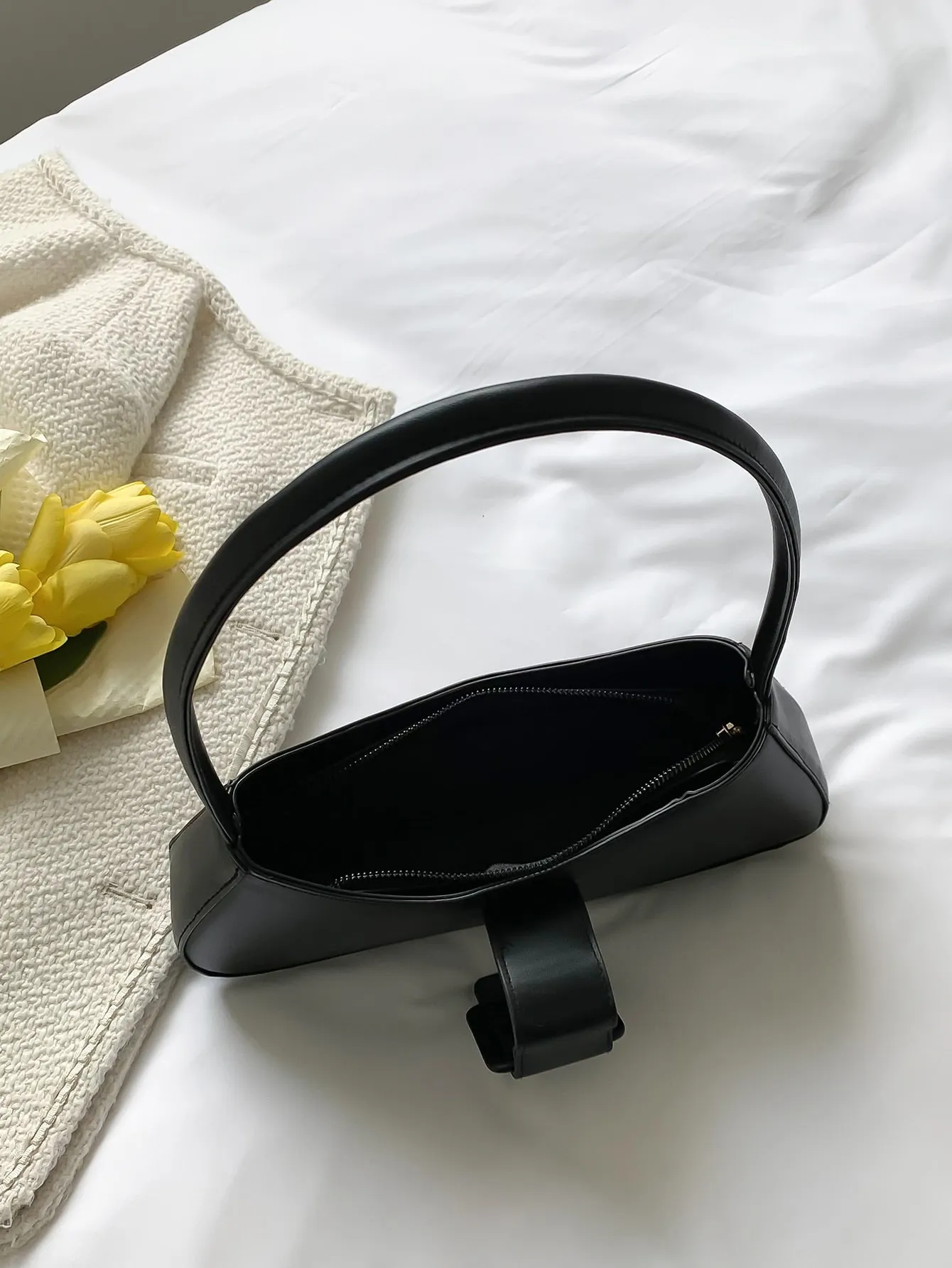 Buckle Decor Baguette Bag - Black