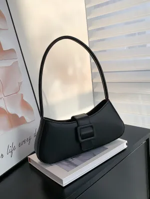 Buckle Decor Baguette Bag - Black