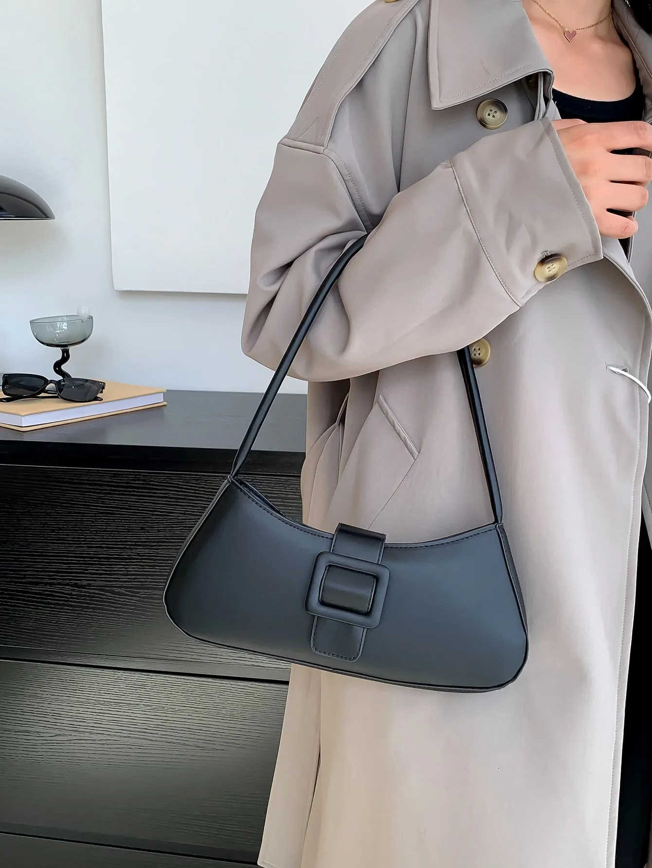 Buckle Decor Baguette Bag - Black
