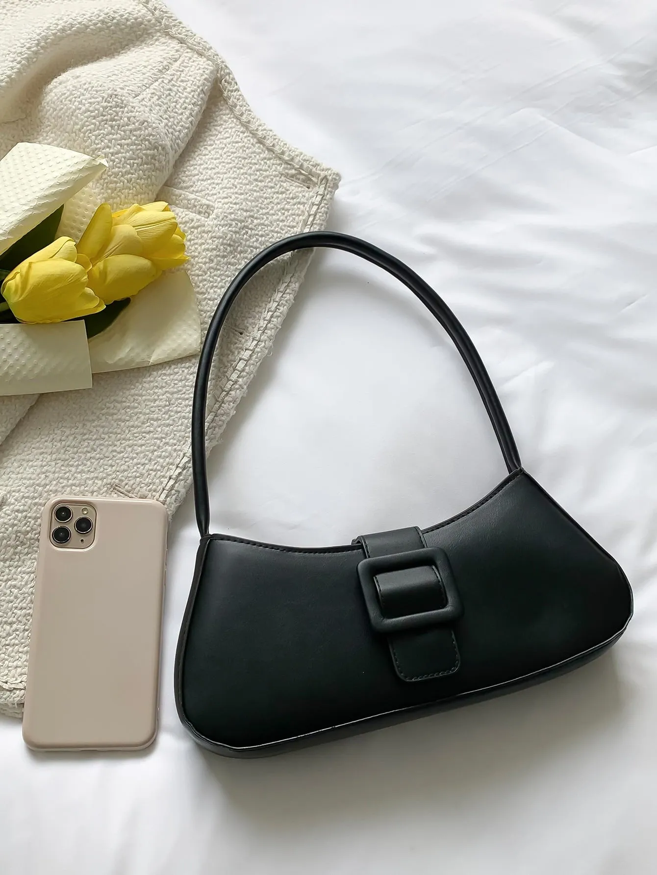 Buckle Decor Baguette Bag - Black