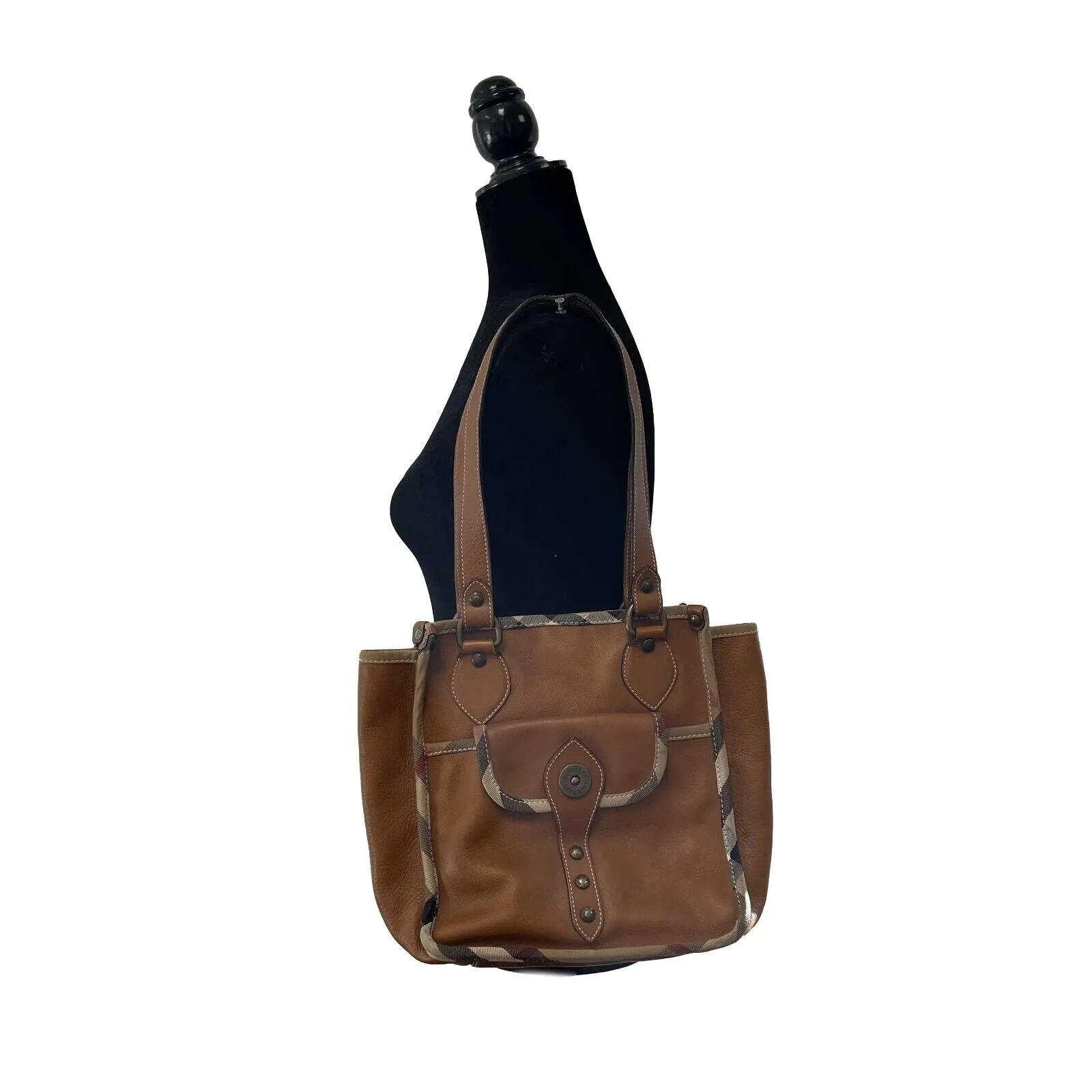 Burberry - Brown Leather Shoulder Bag w/ Signature Fabric Edges