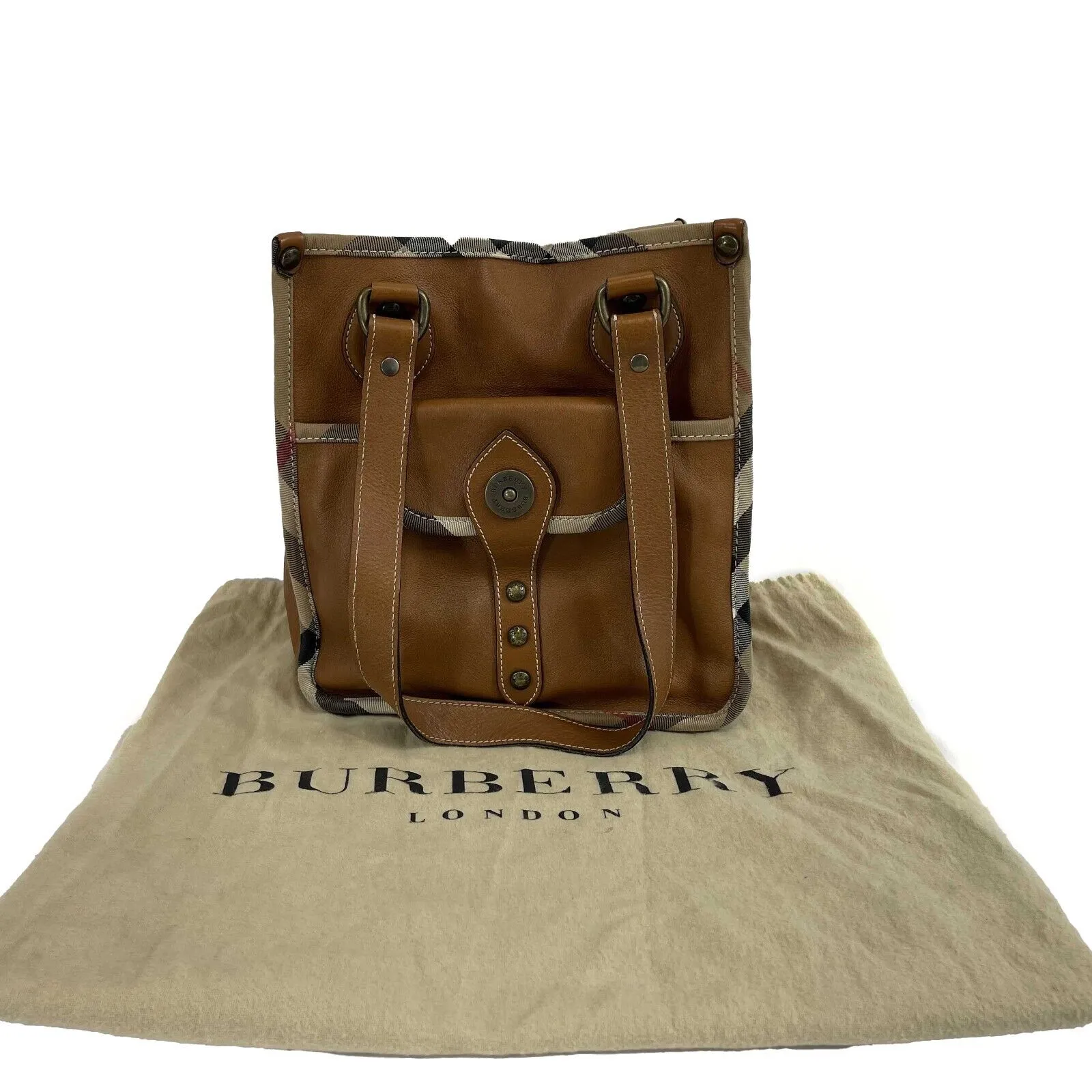 Burberry - Brown Leather Shoulder Bag w/ Signature Fabric Edges