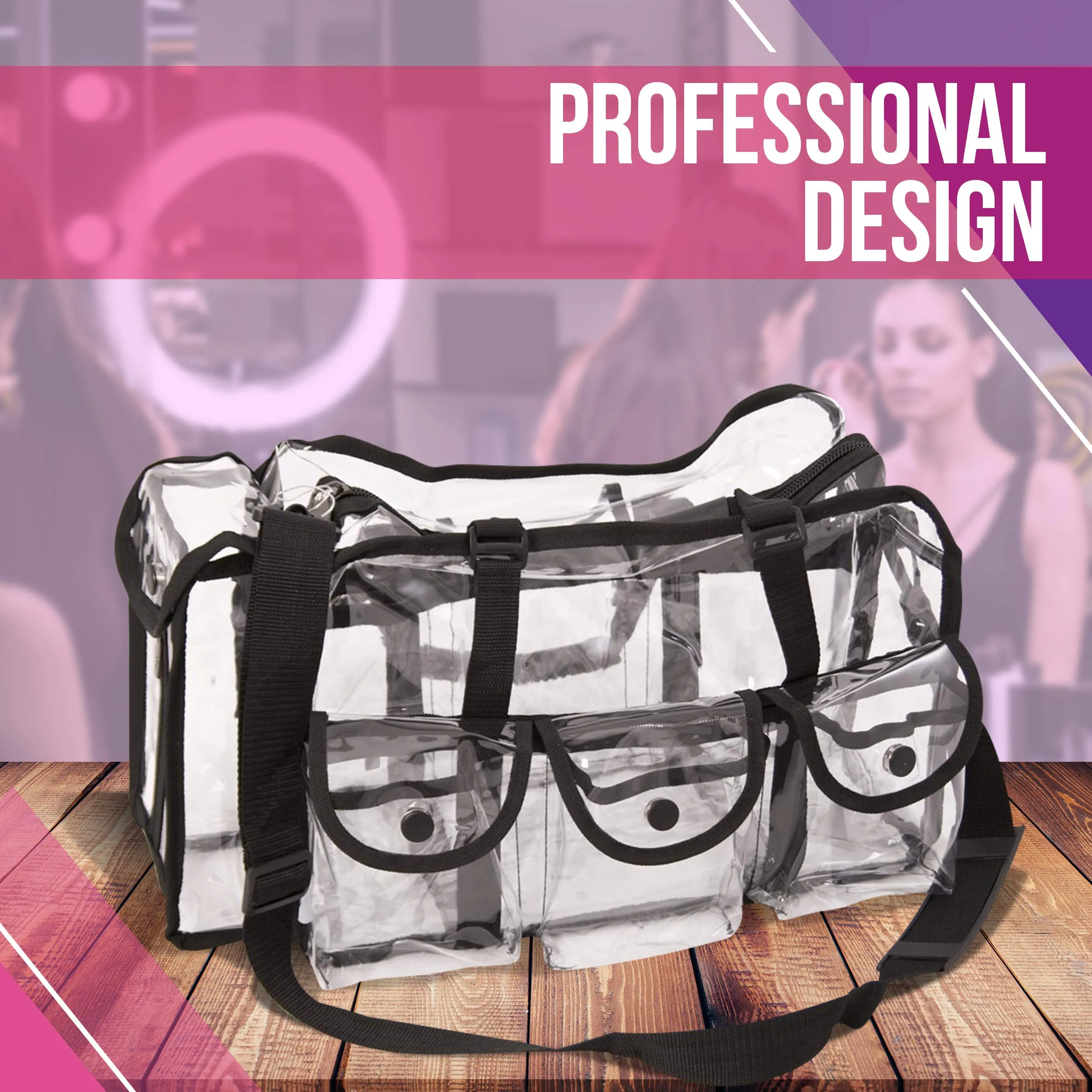 Casemetic Clear Tote Travel Bag with 6 External Pockets and Shoulder Strap for Makeup Artist, Large