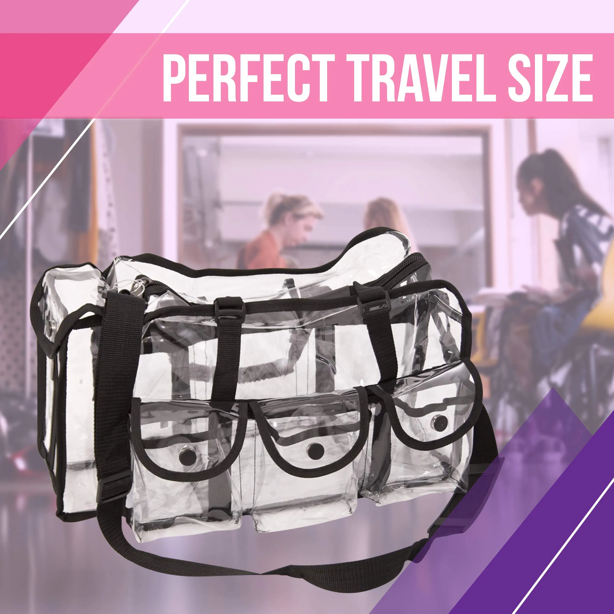 Casemetic Clear Tote Travel Bag with 6 External Pockets and Shoulder Strap for Makeup Artist, Large