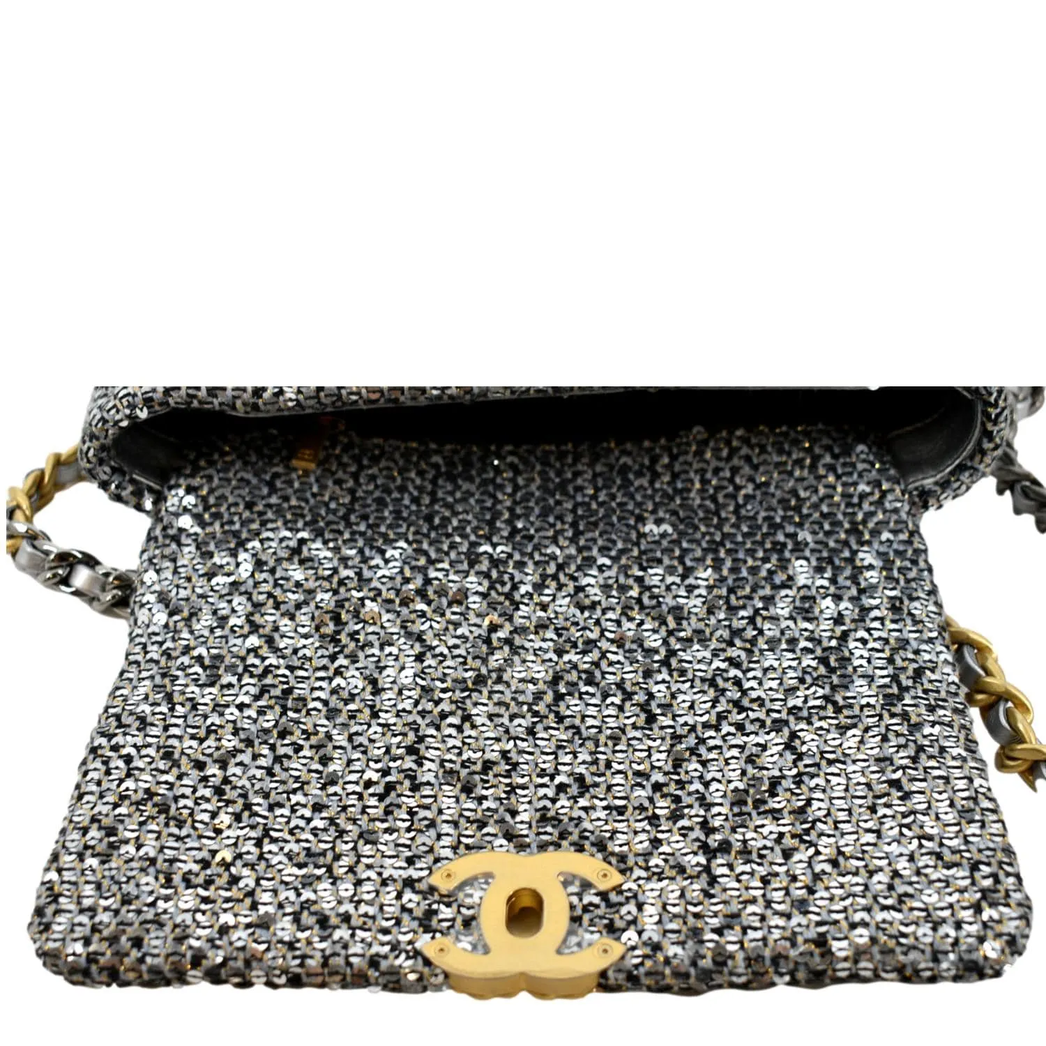 CHANEL 19 Flap Medium Sequin Shoulder Bag Silver