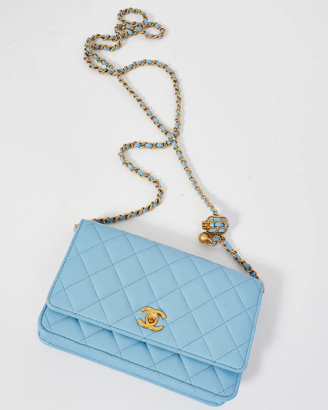 Chanel Baby Blue Lambskin Leather Pearl Crush Wallet on Chain