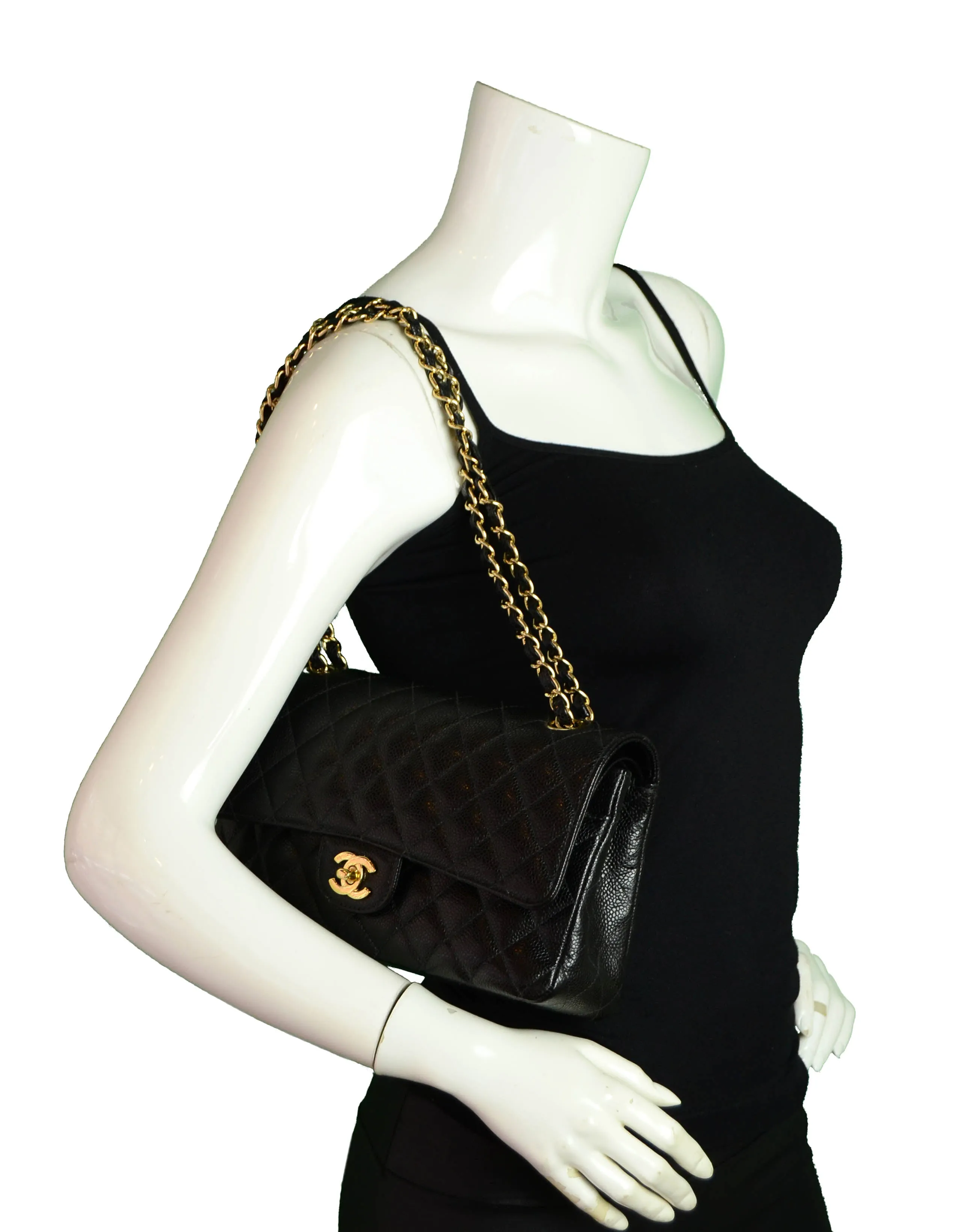 Chanel Black Caviar Leather 10" Medium Double Flap Classic Bag
