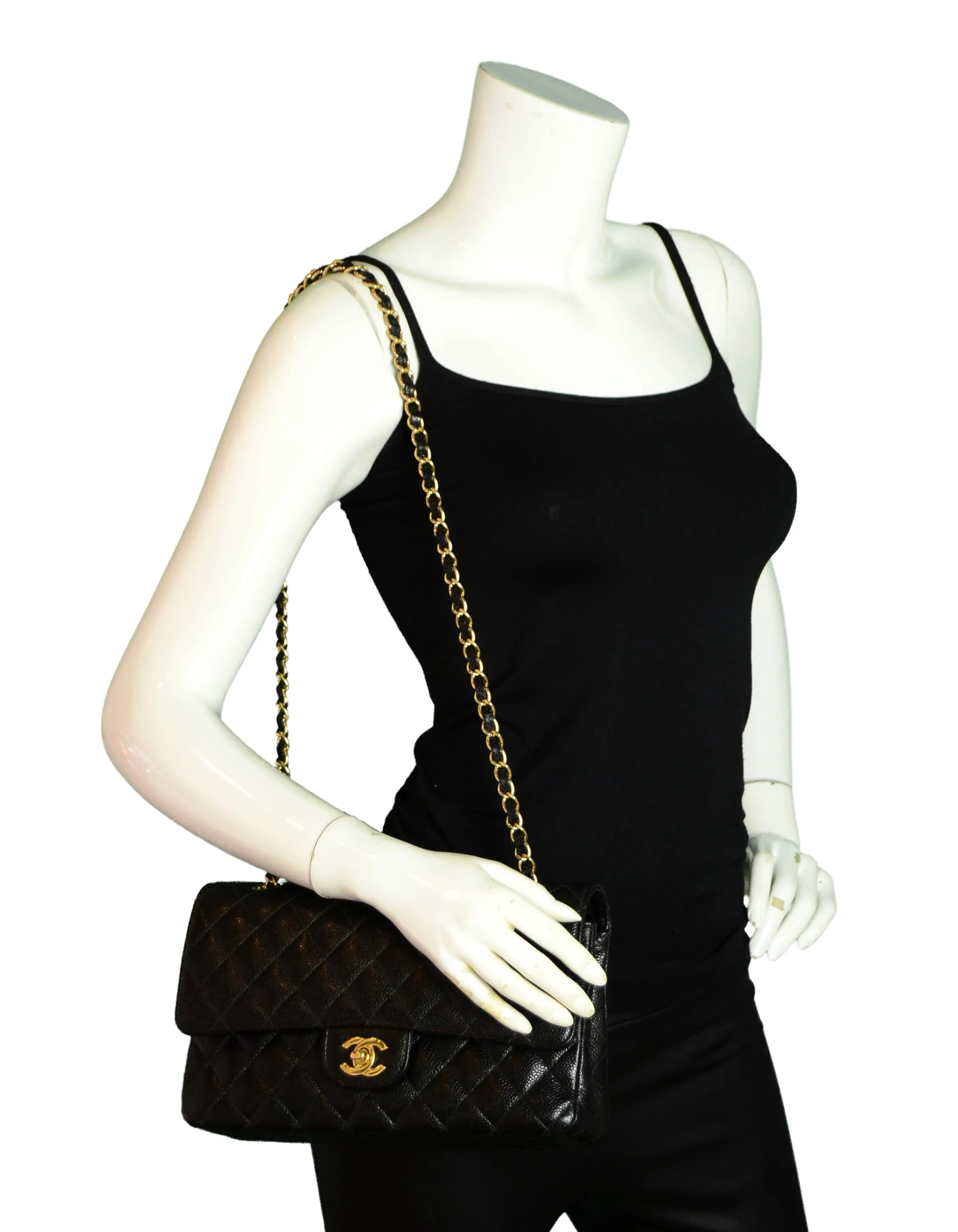 Chanel Black Caviar Leather 10" Medium Double Flap Classic Bag