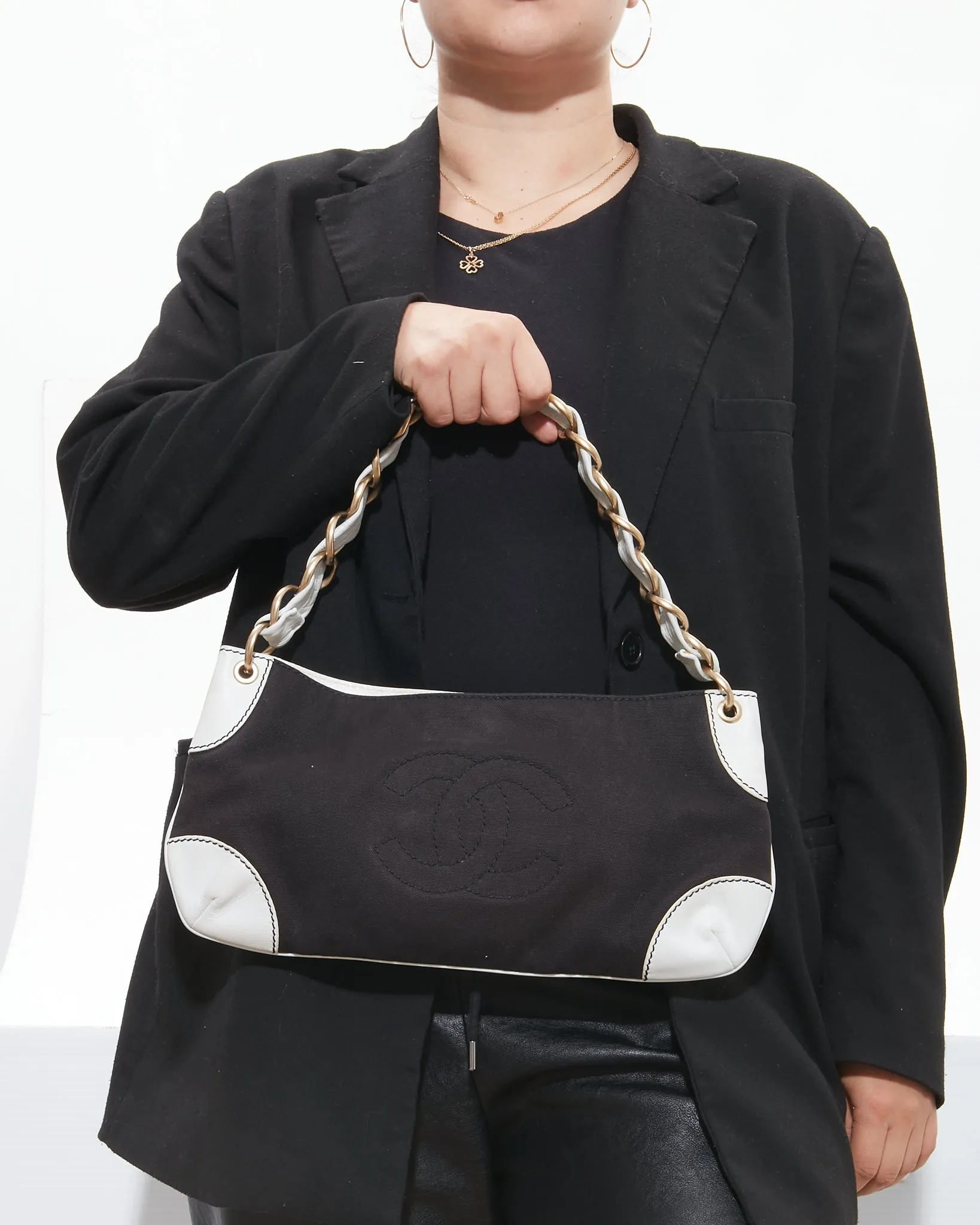 Chanel Black Denim CC Stitch Shoulder Bag